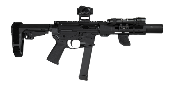 Shark Coast Tactical SCC06704SPBO9-D Sneeky Pete Deluxe w/Optic 9mm Luger 30+1 5.50" Black Melonite Threaded Barrel, Black Cerakote Receiver, SB Tactical SBA3 Brace, Vortex Crossfire Red Dot, Streamli