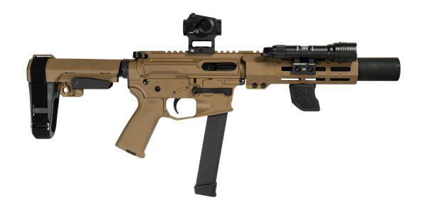 Shark Coast Tactical SCC06728SPFDE9-D Sneeky Pete Deluxe w/Optic 9mm Luger 30+1 5.50" Black Melonite Threaded Barrel, Flat Dark Earth Cerakote Receiver, SB Tactical SBA3 Brace, Vortex Crossfire Red Do