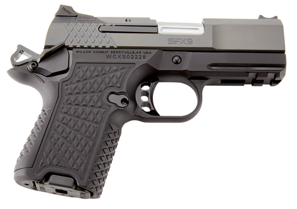 Wilson Combat SFX9SCR3A SFX9 Sub-Compact 9mm Luger 10+1 15+1 3.25" Stainless Steel Barrel, Black DLC Serrated Stainless Steel Slide, Black Aluminum Frame w/Beavertail & Picatinny Rail, Black G10 Grip