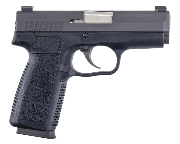 Kahr Arms KP4544N P *CA Compliant 45 ACP Caliber with 3.40" Barrel, 6+1 or 7+1 Capacity, Black Finish Frame, Serrated Matte Black Stainless Steel Slide, Textured Polymer Grip & TruGlo Night Sights