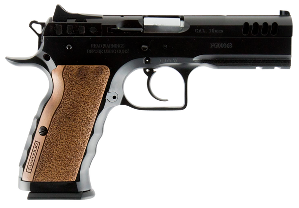 Tanfoglio IFG TFSTOCKI10 Defiant Stock I 10mm Auto Caliber with 4.50" Barrel, 13+1 Capacity, Overall Black Finish Steel, Picatinny Rail/Beavertail Frame, Serrated Slide & Wood Grip
