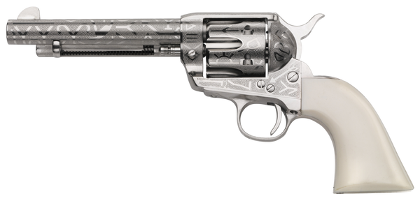 Taylors & Company 200061 1873 Cattle Brand Pietta 45 Colt (Long Colt) 6 Shot 5.50" Nickel Engraved Round Barrel, Cylinder & Steel Frame, White PVC Navy Grip, Exposed Hammer