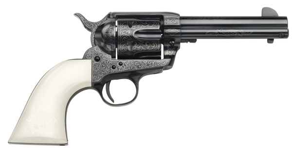Taylors & Company 200059 1873 Cattleman Outlaw Legacy 357 Mag Caliber with 4.75" Barrel, 6rd Capacity Cylinder, Overall Blued Engraved Finish Steel & Ivory Synthetic Grip