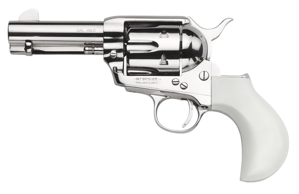 Taylors & Company 200111 1873 Flat Top Pietta 9mm Luger 6 Shot 3.50" Nickel Round Barrel, Cylinder & Steel Frame, PVC White Flat Birdshead Grip, Exposed Hammer