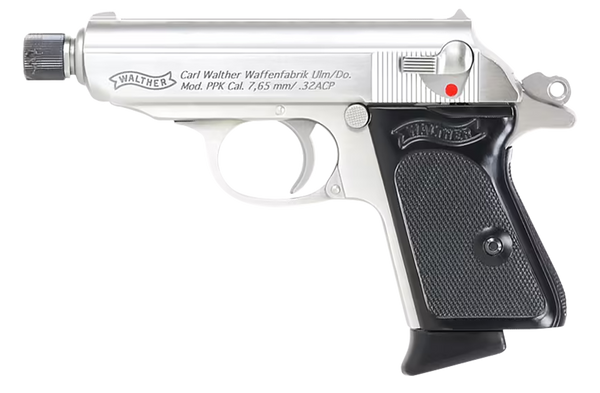 Walther Arms 4796060 PPK  32 ACP 6+1 3.30" Stainless Steel Threaded Barrel, Stainless Serrated Steel Slide, Stainless Steel Frame w/Beavertail, Textured Polymer Grip