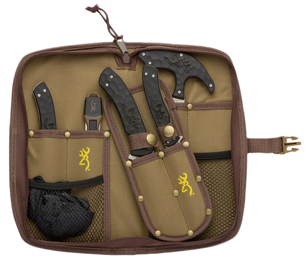 Browning 3220422B Primal Combo  Fixed Bone Saw/Caper/Gut Tool/Sharpening Tool/Skinner 8Cr13MoV SS Blade, Black Polymer w/Rubber Overmold Handle, 6 Piece Set, Includes Case/Gloves