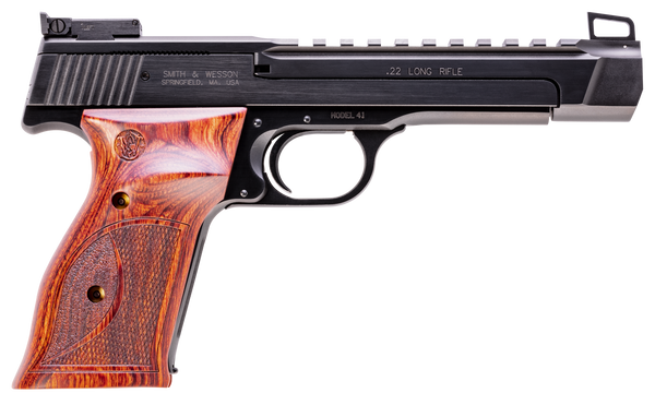 Smith & Wesson 178031 41 Performance Center Full Size Frame 22 LR 10+1, 5.50" Blued Button Rifled/Picatinny Rail Barrel, Blued Serrated Slide & Frame, Custom Wood Target Grip, Thumb Safety