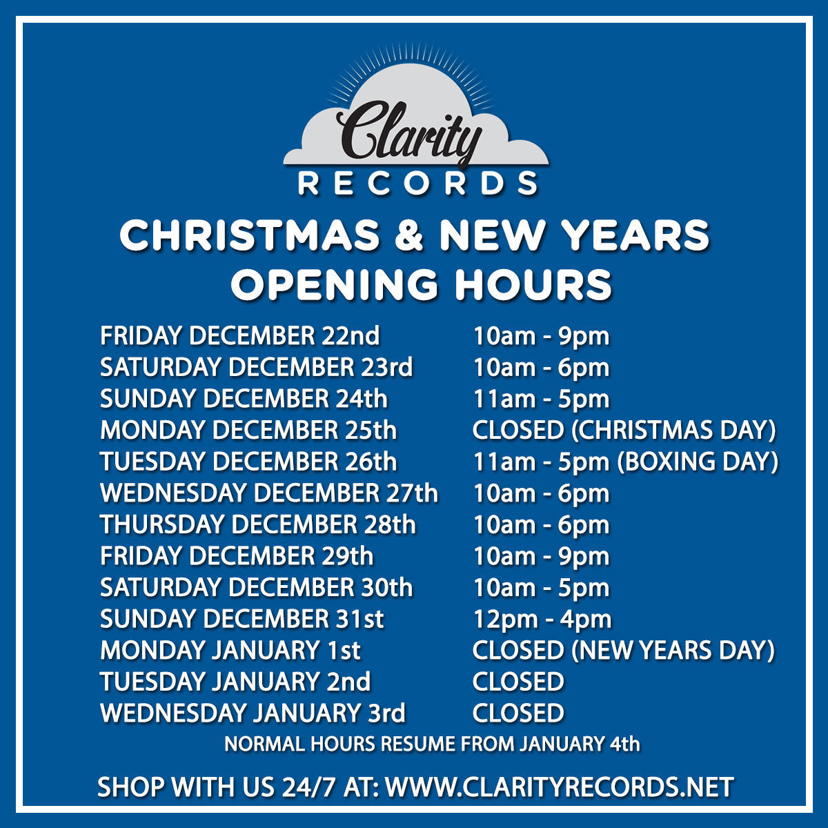 Christmas & New Years Opening Times Clarity Records