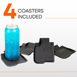 Set of four BaseLayer vehicle mat shaped coasters with a cold soda can on one of them