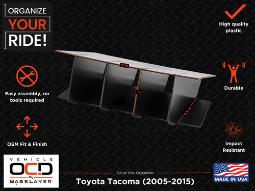 Vehicle OCD Organizers by BaseLayer Toyota Tacoma - Glove Box Organizer 2005-2015 Dimensions Infographic
