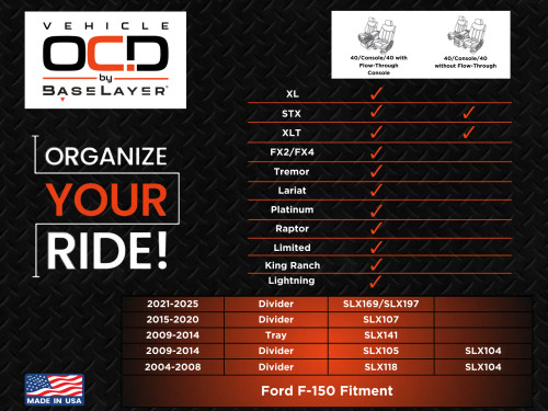 Vehicle OCD Organizers by BaseLayer Ford F-150 with Floor-Shift - Center Console Organizer Fitment
