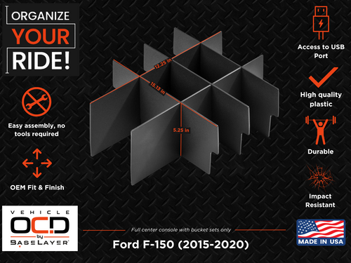 Vehicle OCD Organizers by BaseLayer Ford F-150 - Center Console Organizer 2015-2020 - Dimensions Infographic