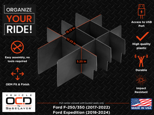 Vehicle OCD Organizers by BaseLayer Ford Expedition / F-250 / F-350 Super Duty Infographic