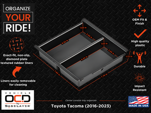 Vehicle OCD Organizers by BaseLayer Toyota Tacoma - Center Console Tray 2016-2023 Dimensions Infographic