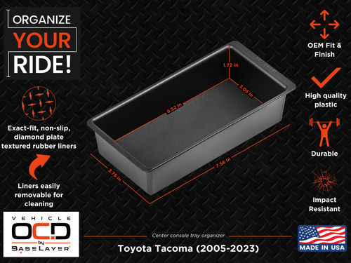 Vehicle OCD Organizers by BaseLayer Toyota Tacoma - Center Console Tray 2005-2023 Dimensions Infographic