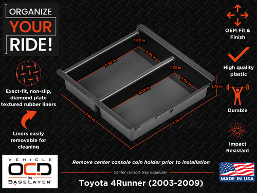 Dimensions Infographic for the Vehicle OCD Organizers by BaseLayer Toyota 4Runner - Center Console Tray 2003-2009