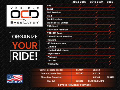 Fitment Chart for the Vehicle OCD Organizers by BaseLayer Toyota 4Runner - Center Console Tray 2003-2009