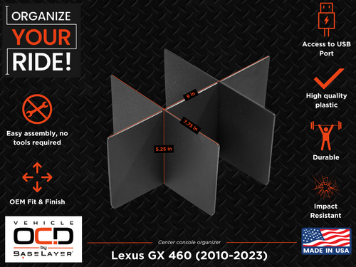 Vehicle OCD Organizers by BaseLayer Lexus GX 460 - Center Console Organizer 2010-2023 Dimensions Infographic