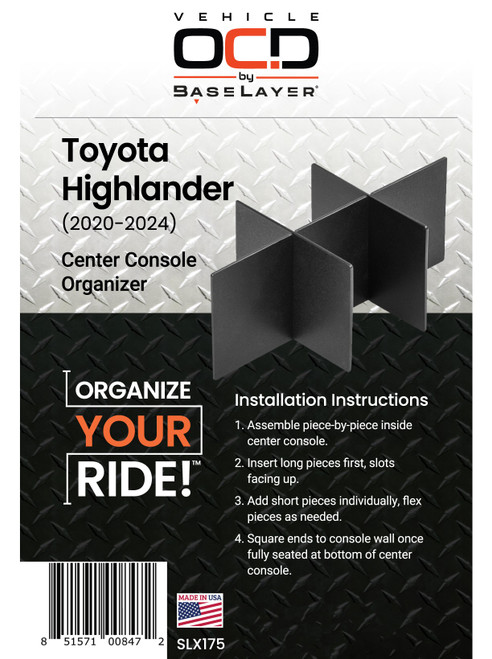 Product label with installation instructions for the Vehicle OCD Organizers by BaseLayer Toyota Highlander - Center Console Organizer 2020-2025