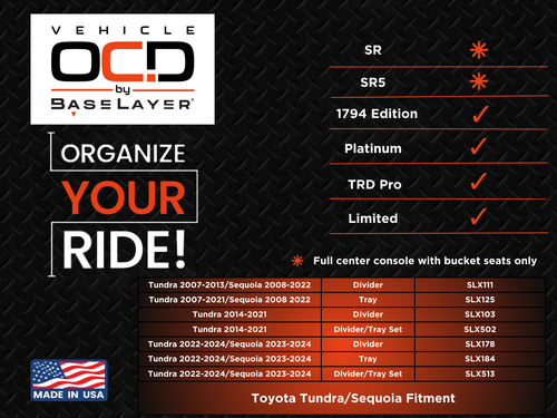 Vehicle OCD Organizers by BaseLayer Toyota Sequoia and Tundra - Center Console Organizer Fitment Graphic
