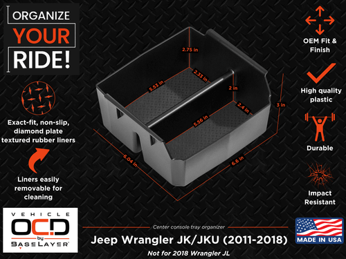Vehicle OCD Organizers by BaseLayer Jeep Wrangler JK/JKU - Center Console Tray 2011-2018 Dimensions Infographic