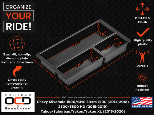 Vehicle OCD Organizers by BaseLayer Chevrolet Silverado 1500/2500/3500 HD/Suburban/Tahoe and GMC Sierra 1500/2500/3500 HD/Yukon/Yukon XL - Center Console Tray Dimensions Infographic