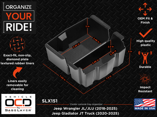 Vehicle OCD Organizers by BaseLayer Jeep Wrangler JL/JLU and Gladiator JT Truck - Center Console Tray - Dimensions Infographic