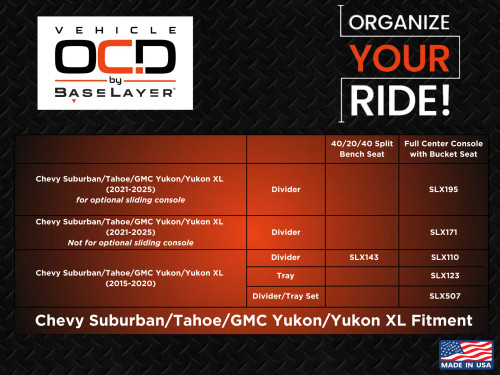 Vehicle OCD Organizers by BaseLayer Chevrolet Suburban/Tahoe and GMC Yukon/Yukon XL - Center Console Tray Vehicle Fitment