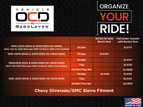 Vehicle OCD by BaseLayer  Center Console Organizer for the Chevrolet Silverado 1500 / GMC Sierra 1500 Model Years 2022+ Vehicle Fitment Chart