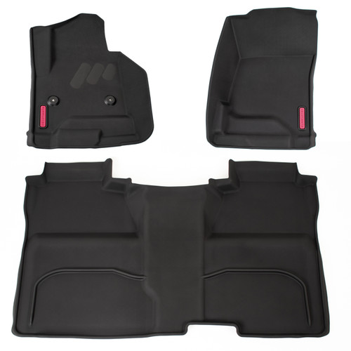 BaseLayer all-weather three piece set front and rear row liners with red logos for the Chevy Silverado and GMC Sierra