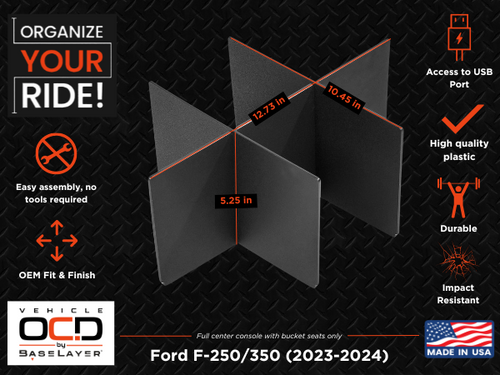 Vehicle OCD Organizers by BaseLayer Ford F-250/F-350/F-450 Super Duty 2023+ Infographic