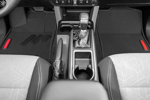 BaseLayer Custom-Fit All-Weather Floor Liners for the Toyota Tacoma 2016 - 2023 Double Cab. Front with Red logo.