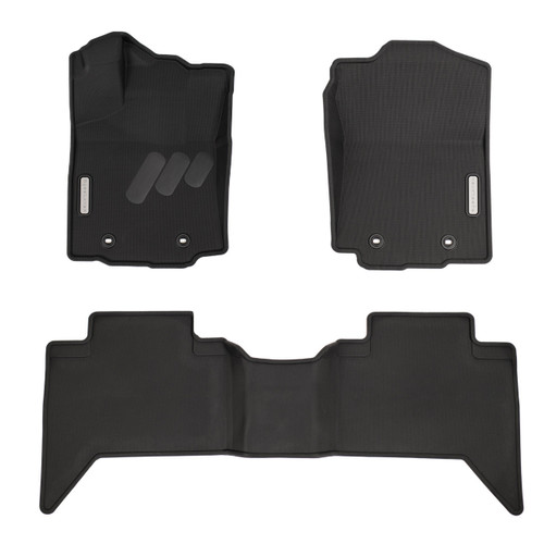 BaseLayer Custom-Fit All-Weather Floor Liners for the Toyota Tacoma 2016 - 2023 Double Cab. Front and Rear with Gray logo.