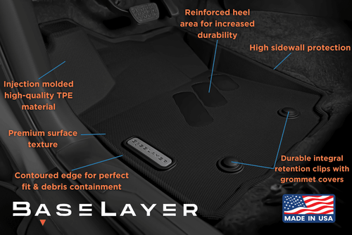 Infographic of Driver Side BaseLayer Custom-Fit All-Weather Floor Liners for the Toyota Tacoma 2016 - 2023 Double Cab.