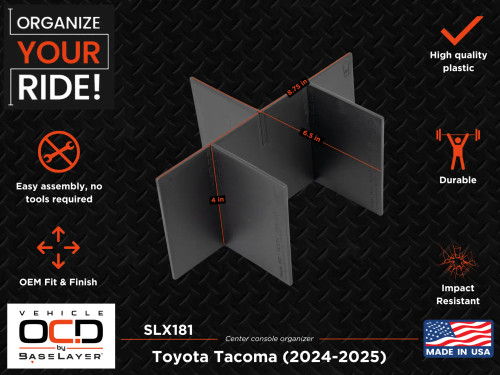 Dimensions infographic for the Vehicle OCD by BaseLayer center console organizer for the Tacoma 2024+