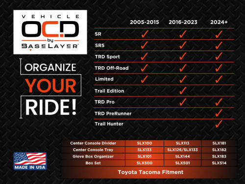Vehicle OCD by BaseLayer center console tray for the Toyota Tacoma 2024+ fitment chart