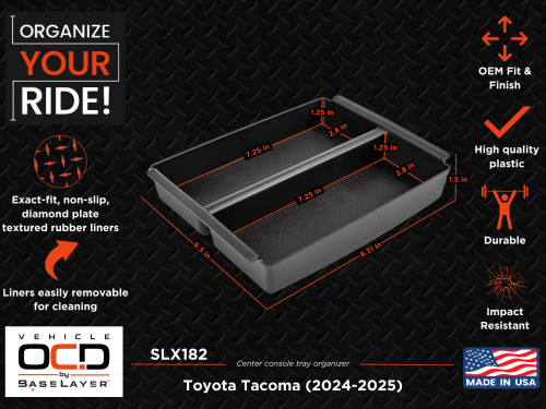 Vehicle OCD by BaseLayer center console tray for the Toyota Tacoma 2024+ dimensions infographic