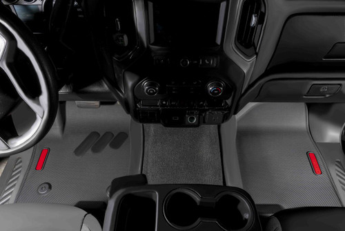 Front row with red logo of the BaseLayer custom-fit floor liner for the 2019+ Chevy Silverado Crew Cab