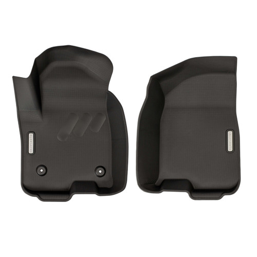 The BaseLayer custom-fit front row floor liners for the 2019+ GMC Sierra Crew Cab with gray logos