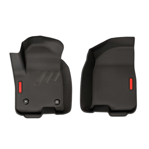 The BaseLayer custom-fit front row floor liners for the 2020+ GMC Sierra HD Crew Cab with red logos
