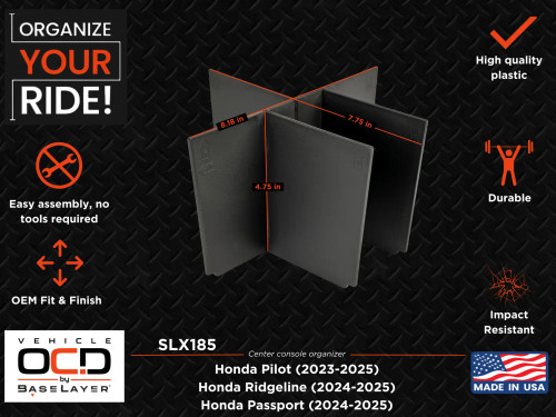 Honda Pilot (2023+), Ridgeline (2024+), Passport (2024+) - Center Console organizer infographic