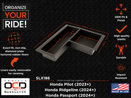 Honda Pilot (2023+), Ridgeline (2024+), Passport (2024+) - Center Console tray infographic