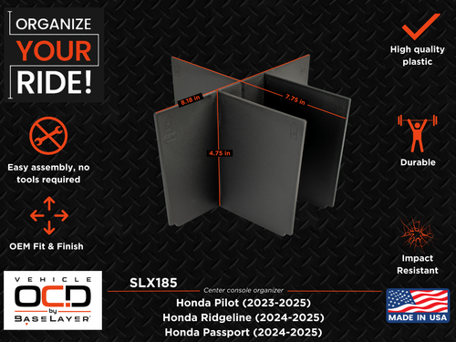 Honda Pilot (2023+), Ridgeline (2024+), Passport (2024+) - Center Console organizer infographic