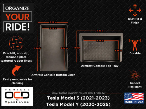 Vehicle OCD by BaseLayer Organizer set for Tesla Model 3 and Model Y armrest console dimensions infographic