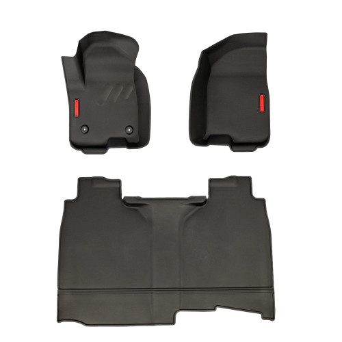 BaseLayer Custom Fit floor liners for the Chevrolet Silverado 2500/3500 HD 2020+ with red logo front and rear rows