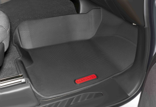 Passenger side BaseLayer Custom Fit floor liners for the GMC Sierra 1500 2019+ with red logo