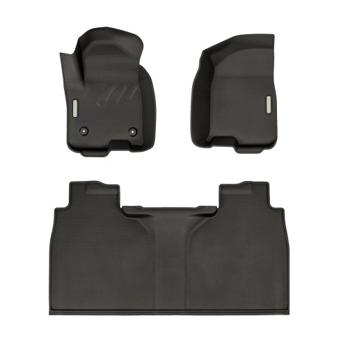 BaseLayer Custom Fit floor liners for the Chevy Silverado 1500 2019+ with the fold-flat rear storage option with gray logo