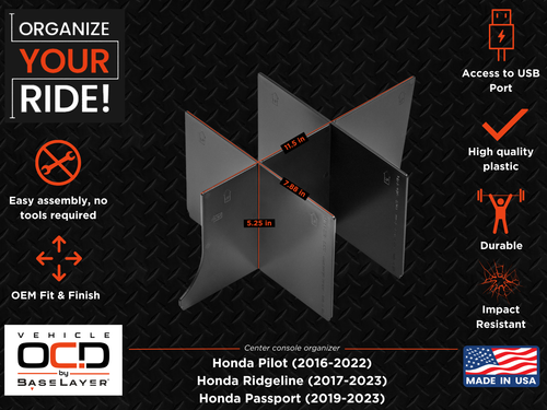 Honda Pilot (2016-2022), Ridgeline (2017-2023), Passport (2017-2023) - Center Console organizer infographic