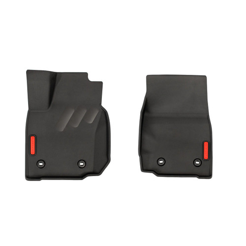 BaseLayer Custom-Fit Front Row Floor Liners for the 2025 Toyota Tacoma with red logos