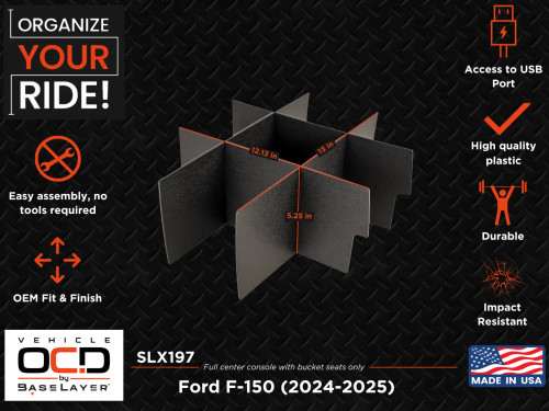 Vehicle OCD Organizers by BaseLayer Ford F-150 - Center Console Organizer 2024-2025 Dimensions